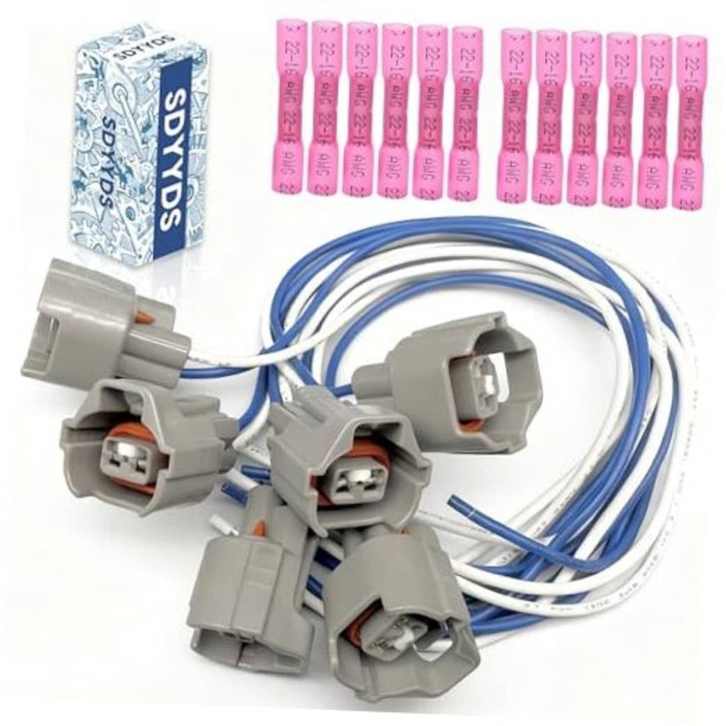 Fuel injector wiring harness with six gray connectors and blue wire leads, plus pink sleeves