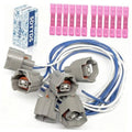 Fuel injector wiring harness with six gray connectors and blue wire leads, plus pink sleeves