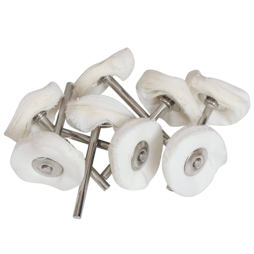 Assorted white wool felt polishing heads on metal shafts, for buffing and sanding