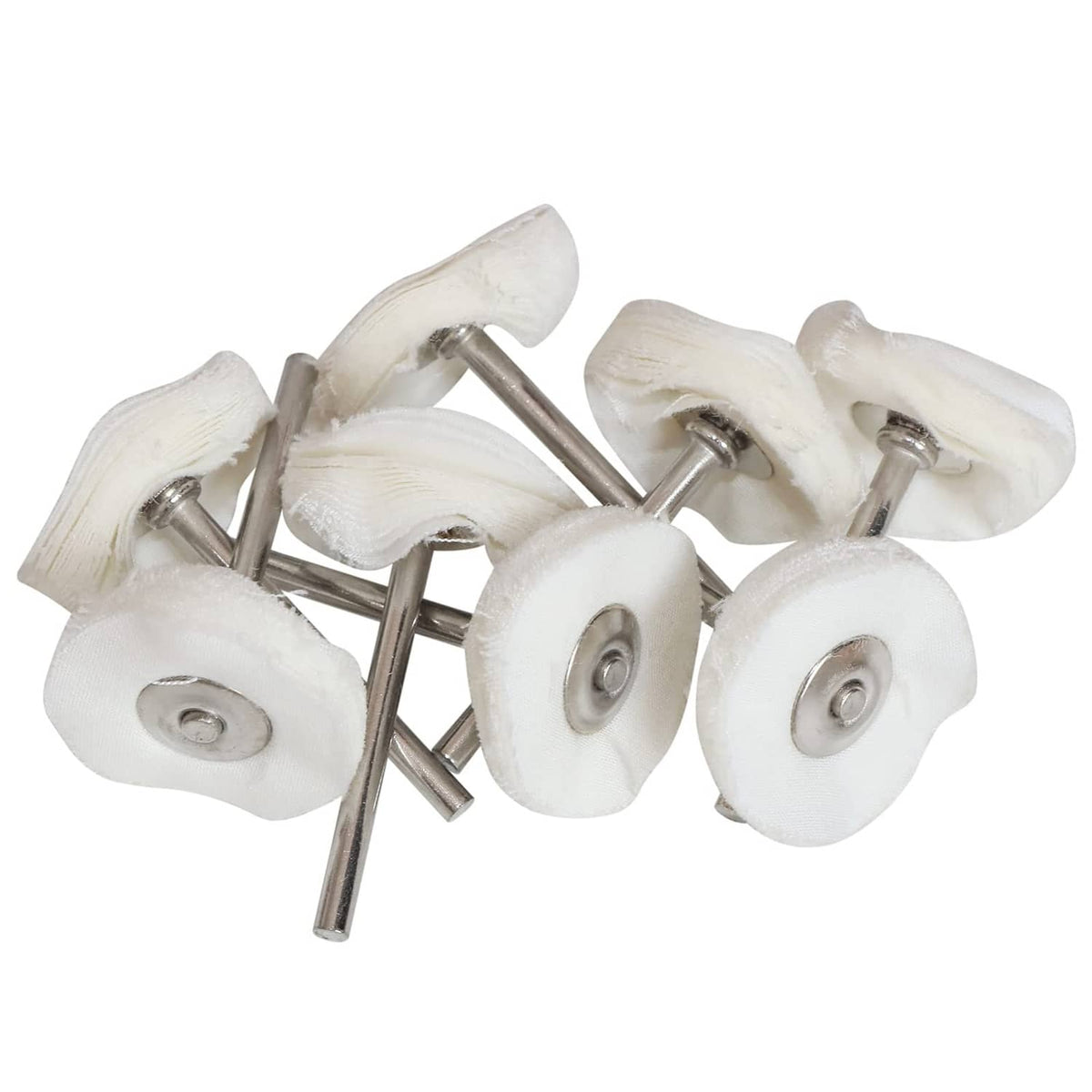 Assorted white wool felt polishing heads on metal shafts, for buffing and sanding