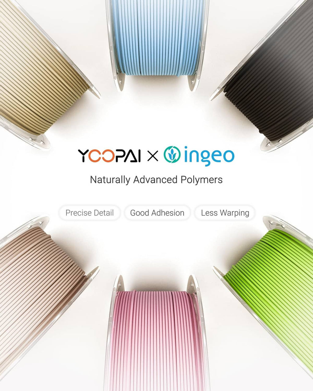 1.75mm PLA filament spool set, reels in blue, black, green, tan, and white