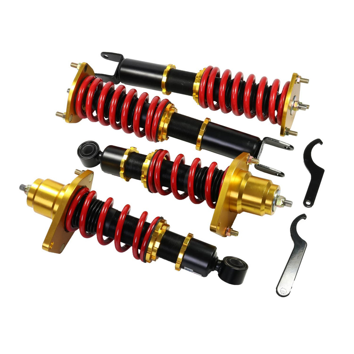 Coilover shock absorber kit with red coil springs, black struts, gold mounts, and tools