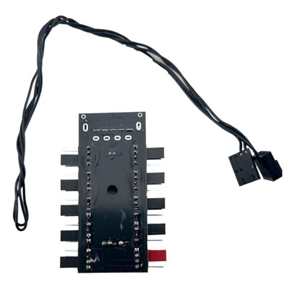 10-way PWM fan hub PCB underside with rows of connectors and attached black cable