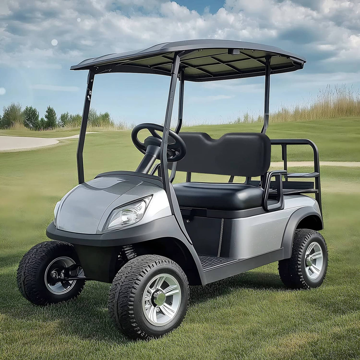 Black front seat backrest cushion mounted on a golf cart seat