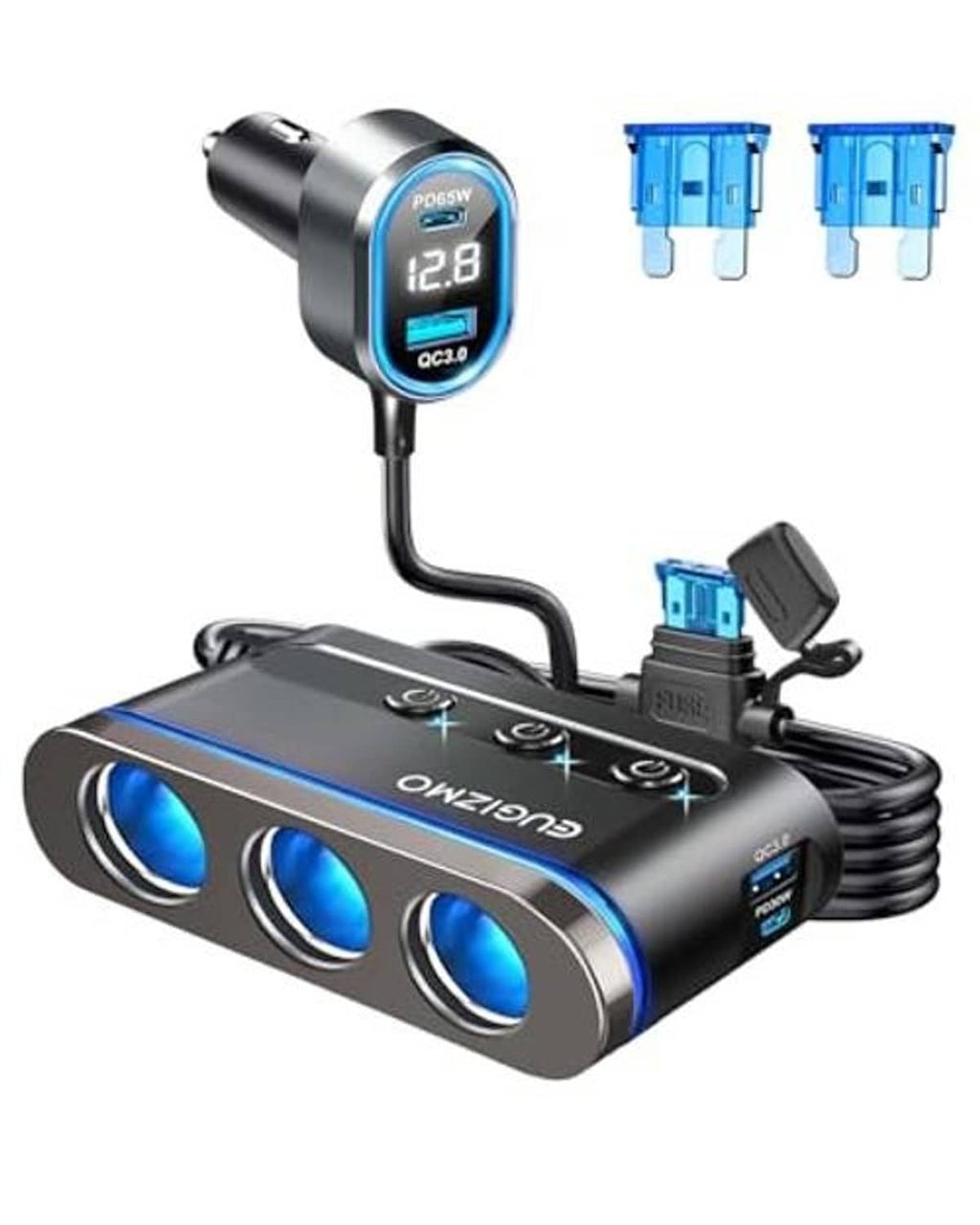 Car cigarette lighter splitter charger adapter with blue-lit triple USB ports and power display