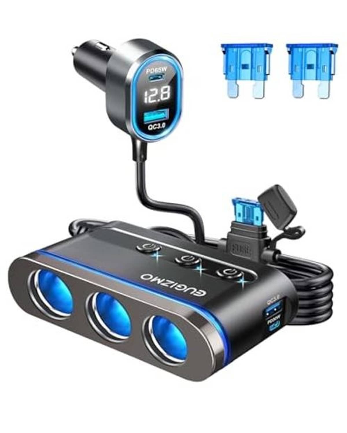 Car cigarette lighter splitter charger adapter with blue-lit triple USB ports and power display