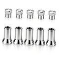 Chrome valve stem caps set with hex top and cylindrical sleeve; shows threaded opening