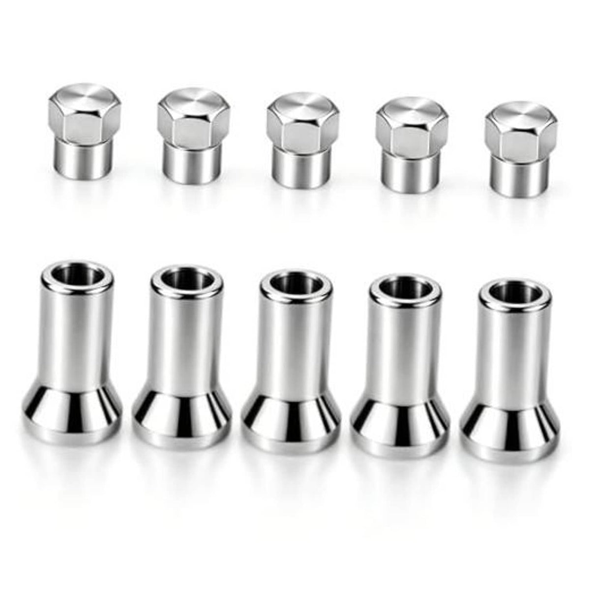 Chrome valve stem caps set with hex top and cylindrical sleeve; shows threaded opening
