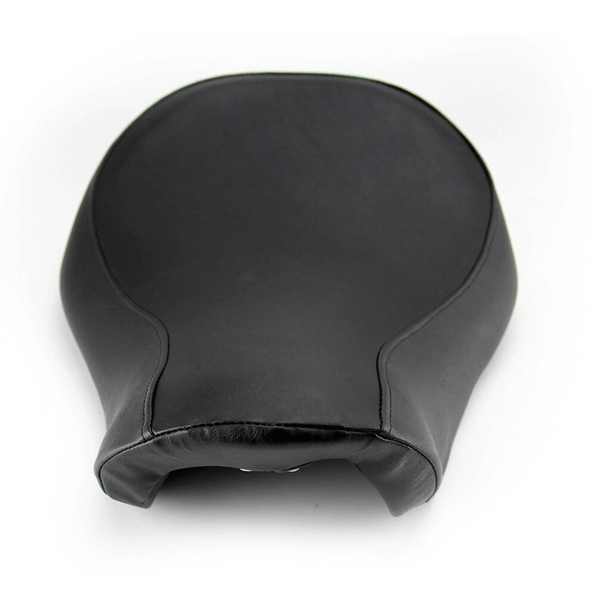Black solo motorcycle seat with rounded back and stitched front contour edges