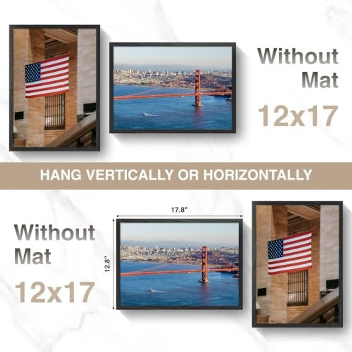Black 12x17 picture frame shown without mat for vertical or horizontal display