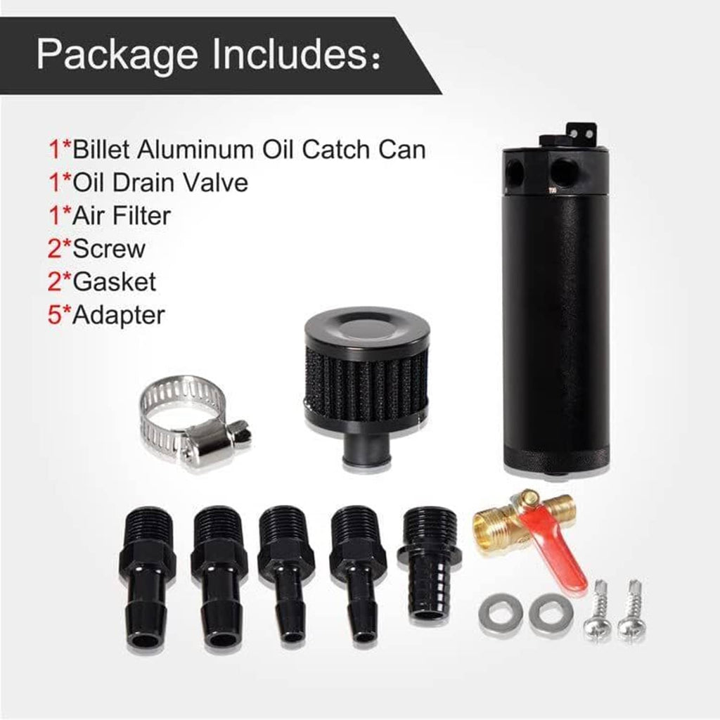 Oil catch can kit contents: reservoir, drain valve, air filter, fittings, gaskets, screws