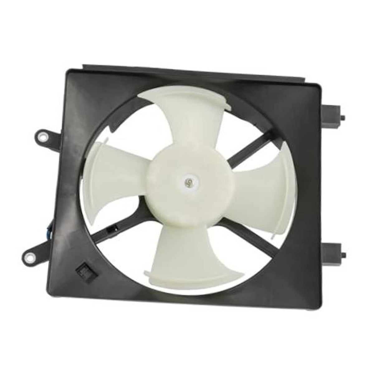 AC condenser cooling fan assembly with white 4-blade fan in black shroud