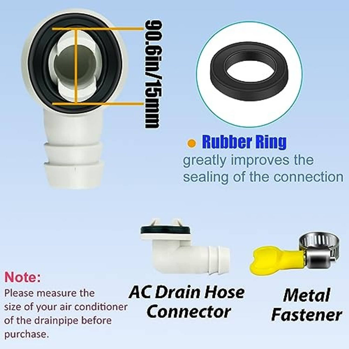 AC drain hose connector with rubber ring and metal fastener for leak-proof sealing