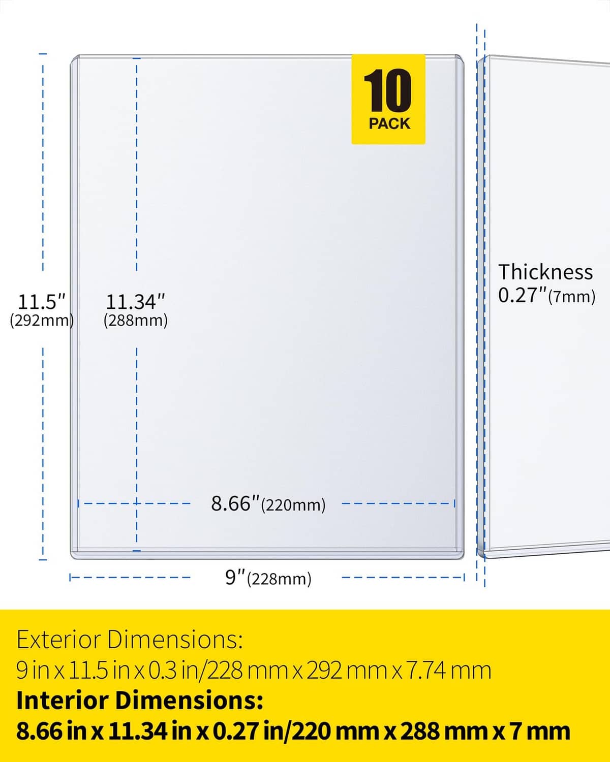 Diagram of clear blue-tint magazine top loader dimensions and 10-pack thickness