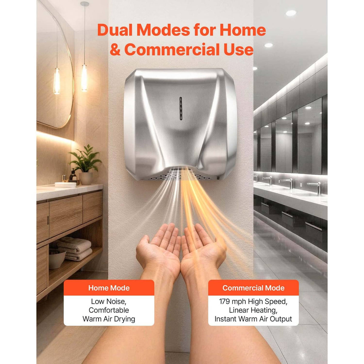 Stainless steel automatic hand dryer with hands positioned under airflow