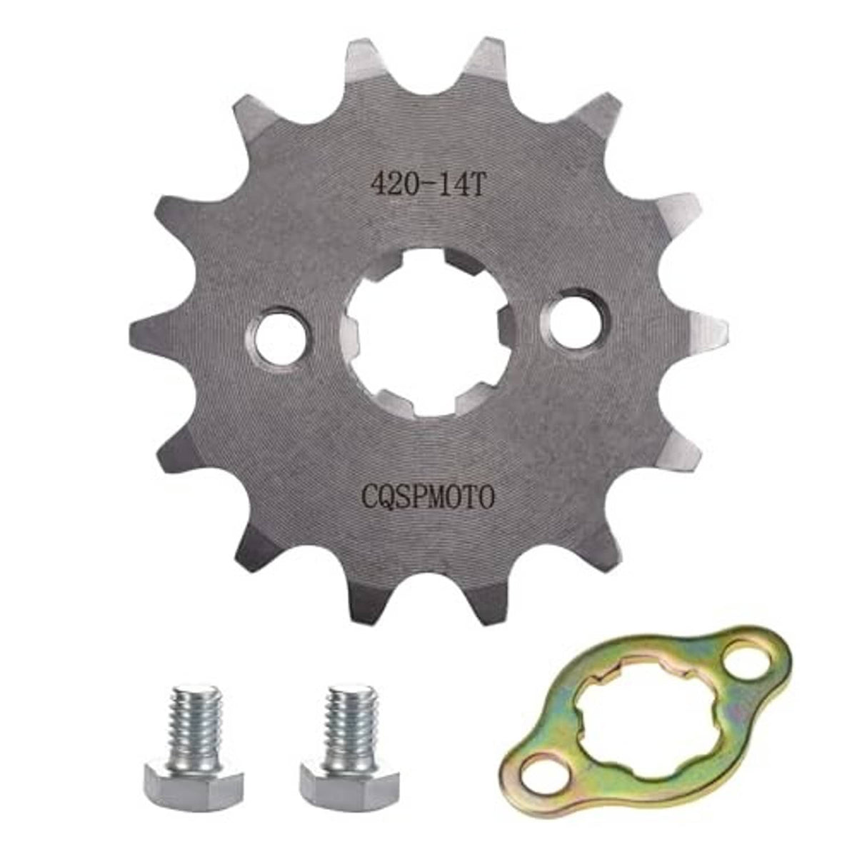 420-14T front engine sprocket kit: gray sprocket, two bolts, and green mounting plate
