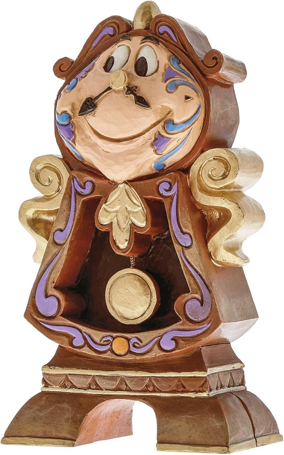 Front view of Cogsworth figurine with blue swirl trim and gold medal pendant