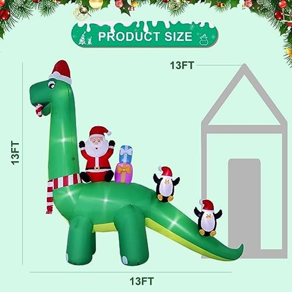 13ft inflatable dinosaur decoration with Santa, penguin figures, size diagram