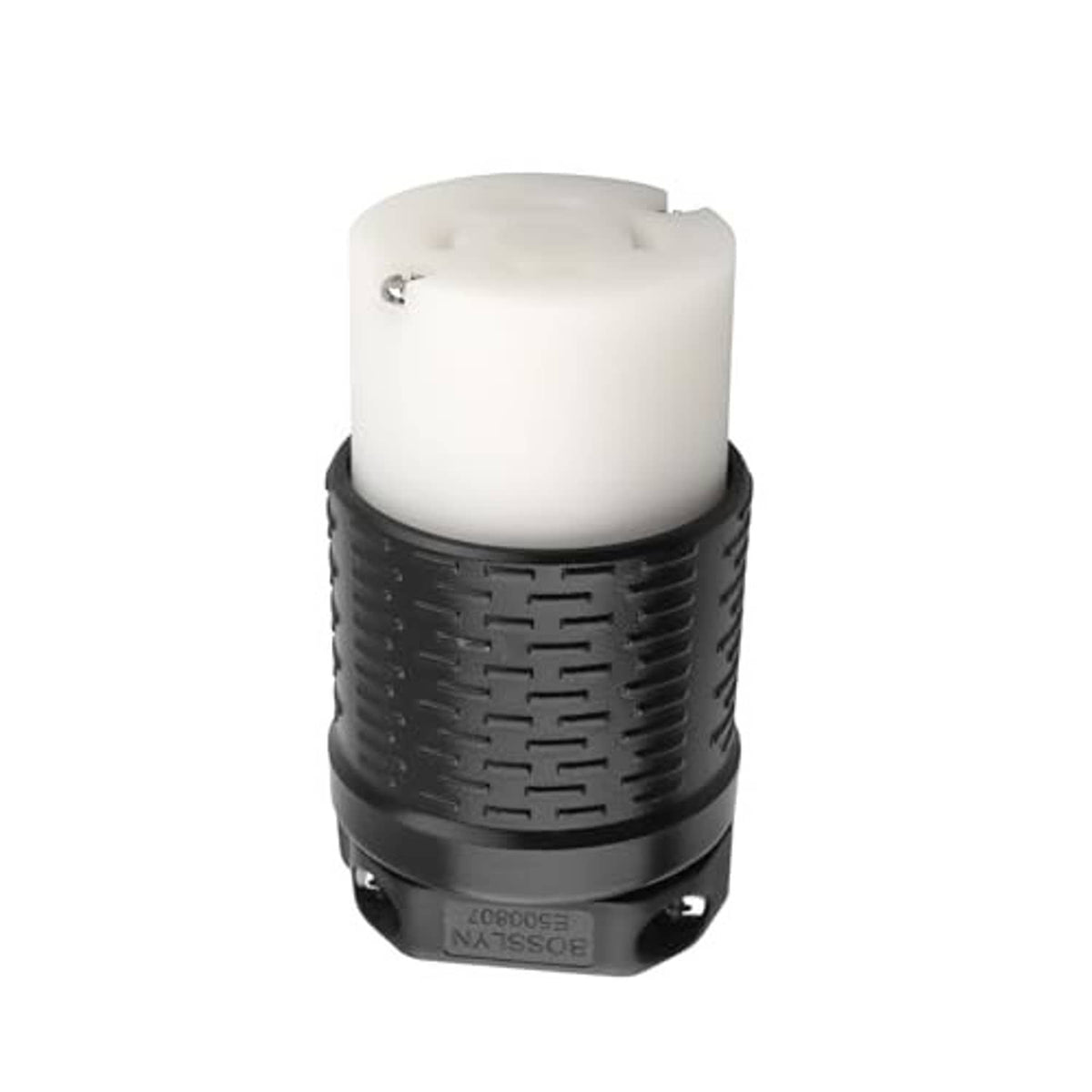 Locking power plug with white top insulator and black ribbed body