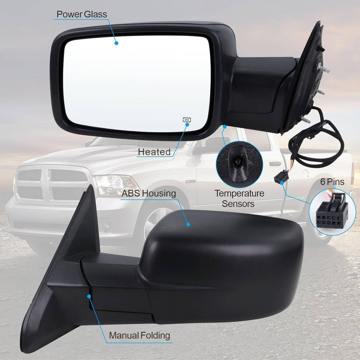 Left driver-side heated manual-fold side mirror with power glass and temperature sensors
