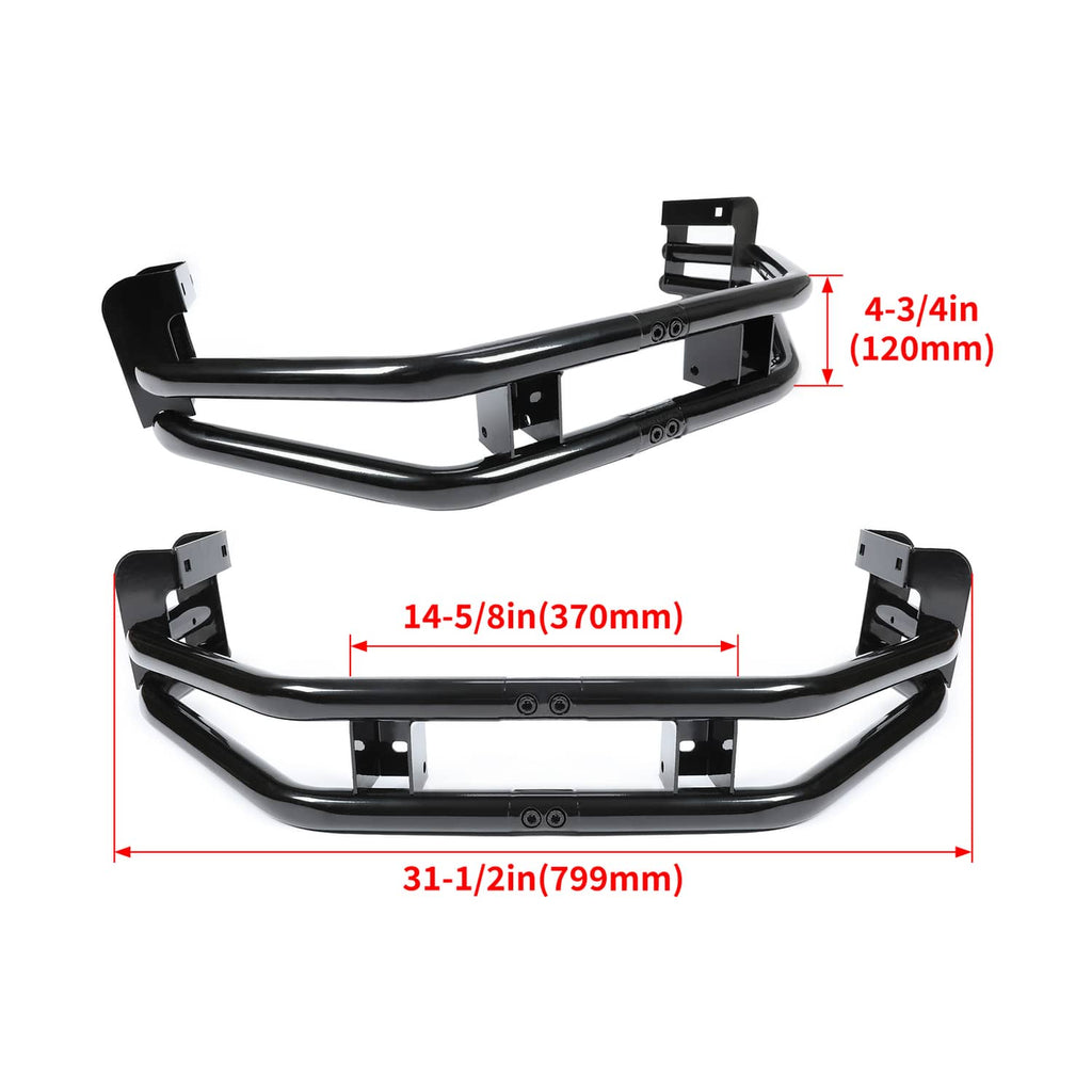Black rear bumper bar with hitch mount plates, viewed with dimension labels