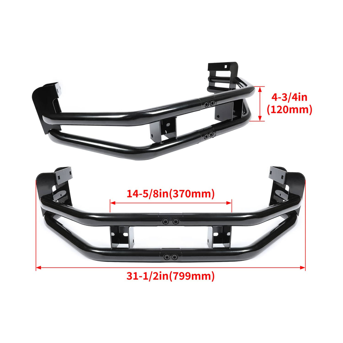 Black rear bumper bar with hitch mount plates, viewed with dimension labels