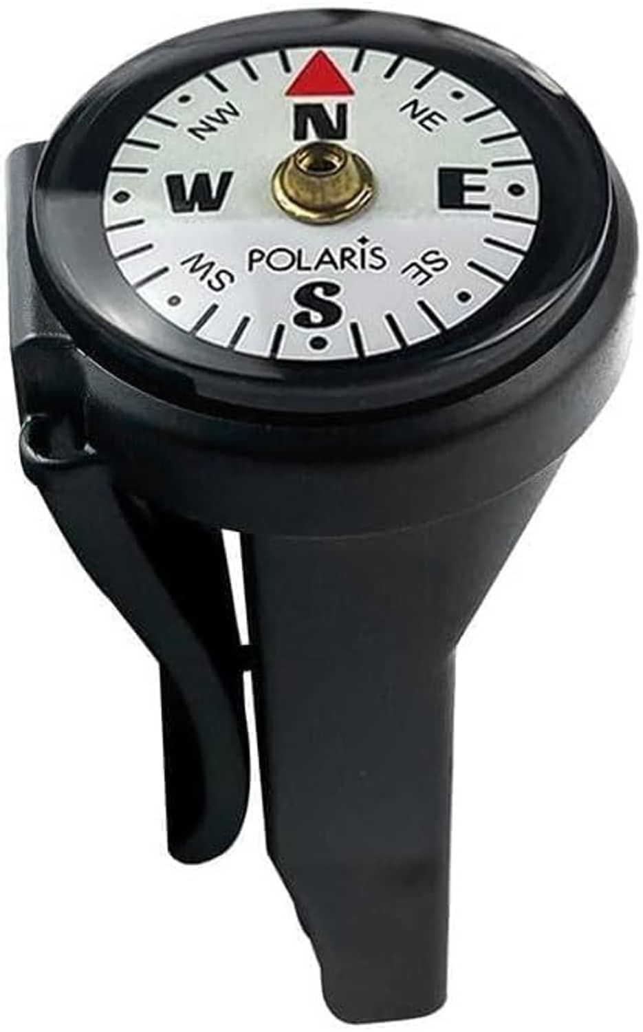 Black waterproof micro compass with white dial and red north arrow, flip-top handle