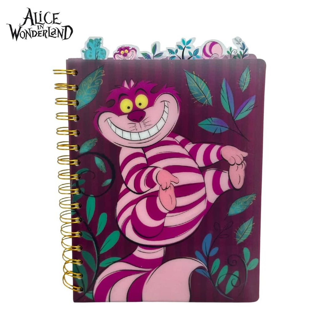 Spiral bound lined notebook with Alice in Wonderland Cheshire Cat purple striped cover