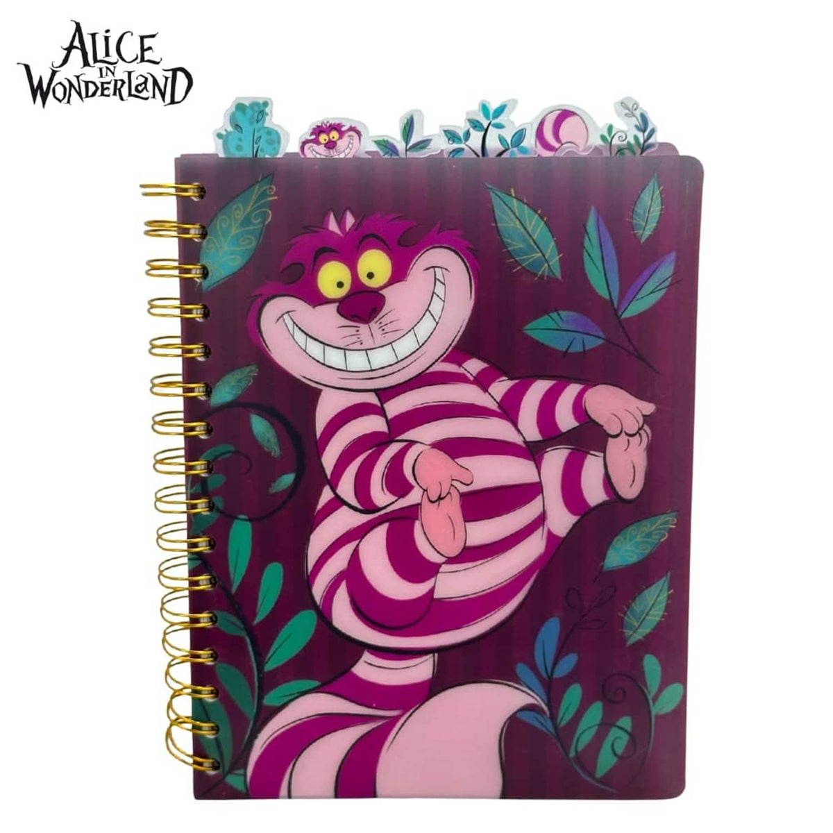 Spiral bound lined notebook with Alice in Wonderland Cheshire Cat purple striped cover