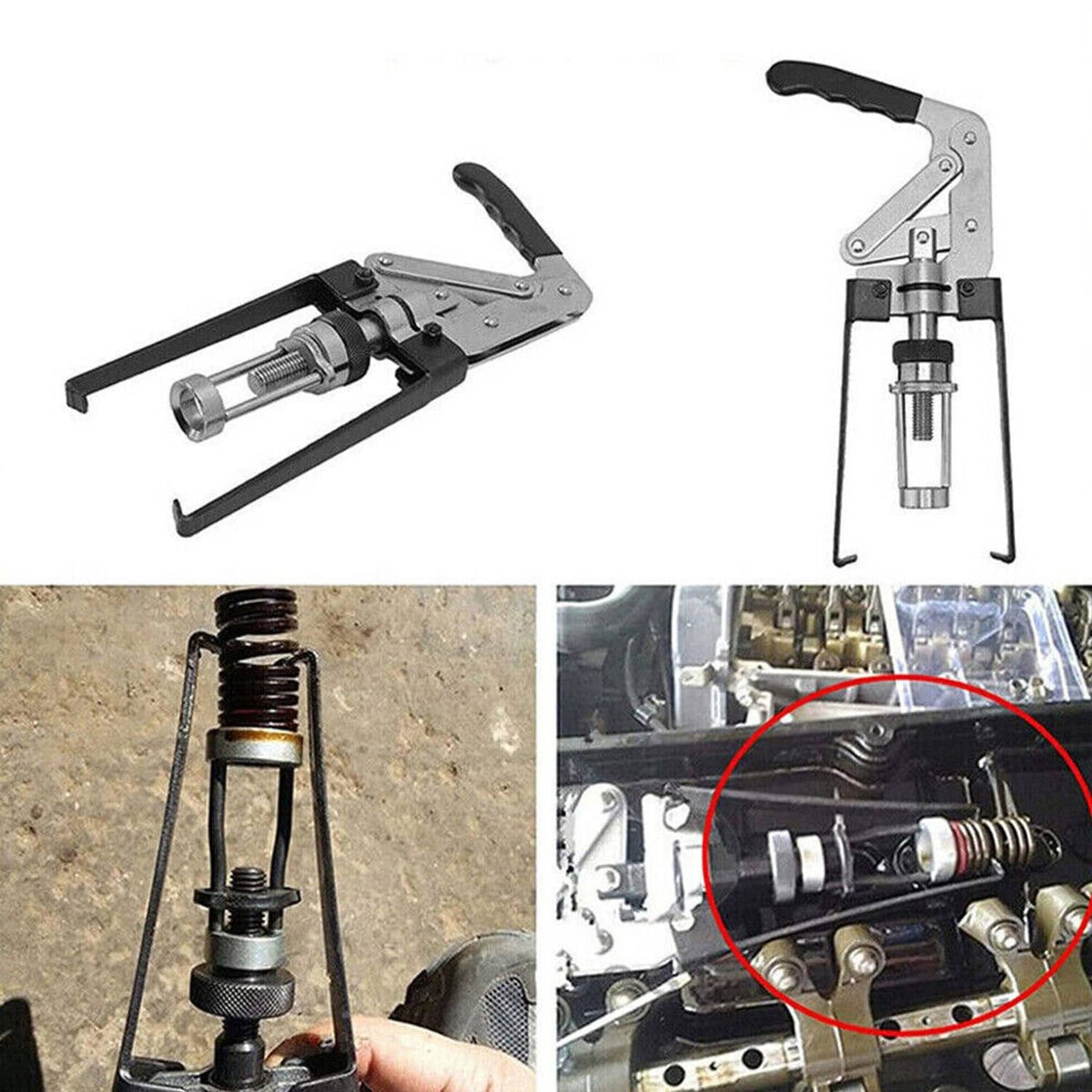 Valve spring compressor tool with base stand and screw press tips