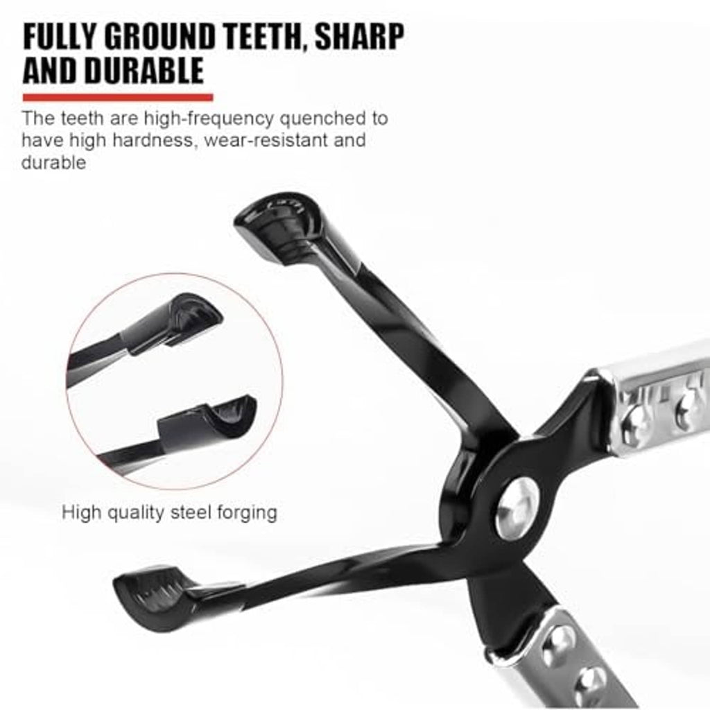 Black steel valve stem seal installer and remover pliers with serrated jaws