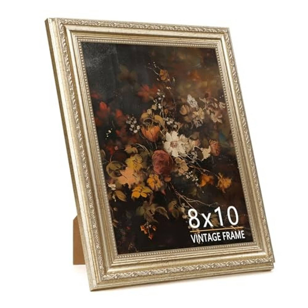 Ornate distressed champagne-silver 8x10 picture frame, angled view with floral photo