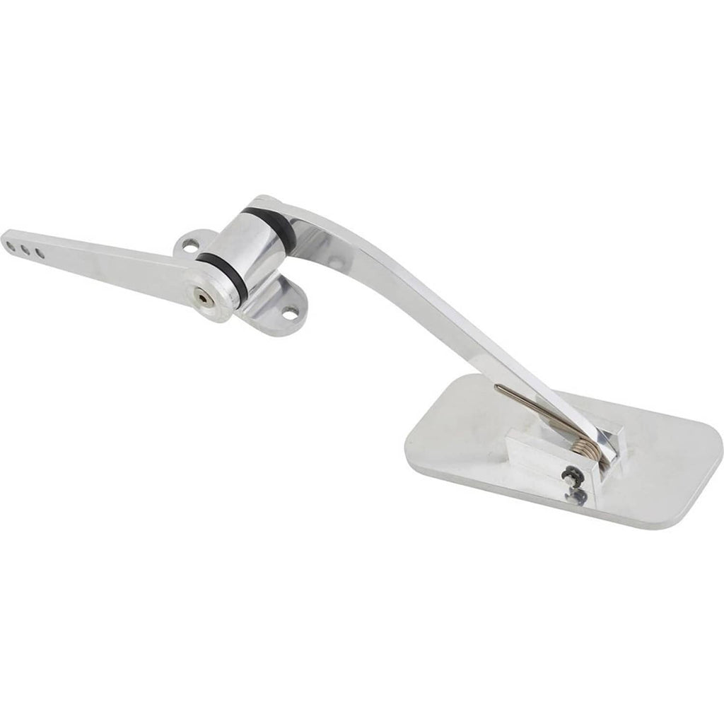 Polished aluminum gas pedal with black ribbed pad and floor-mounted pivot bracket