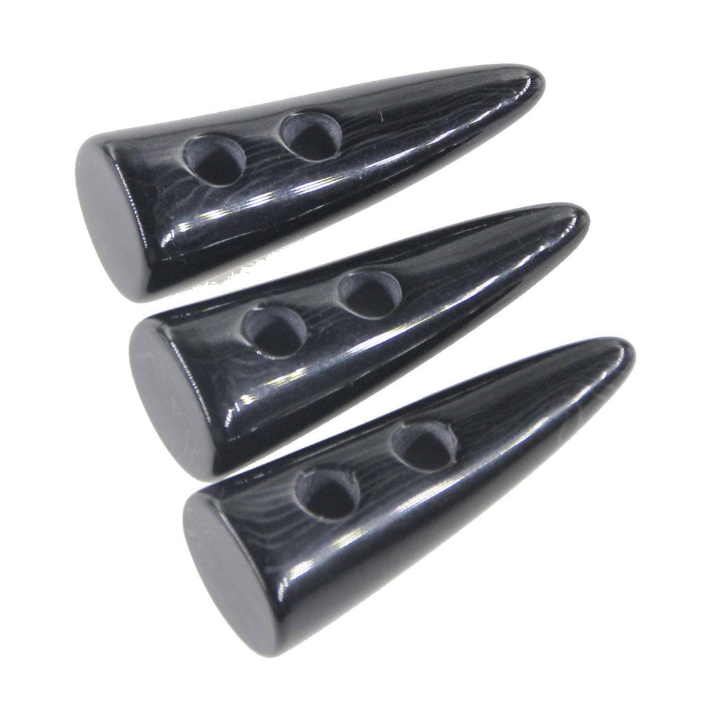 Black resin horn-shaped two-hole toggle buttons, three-piece view