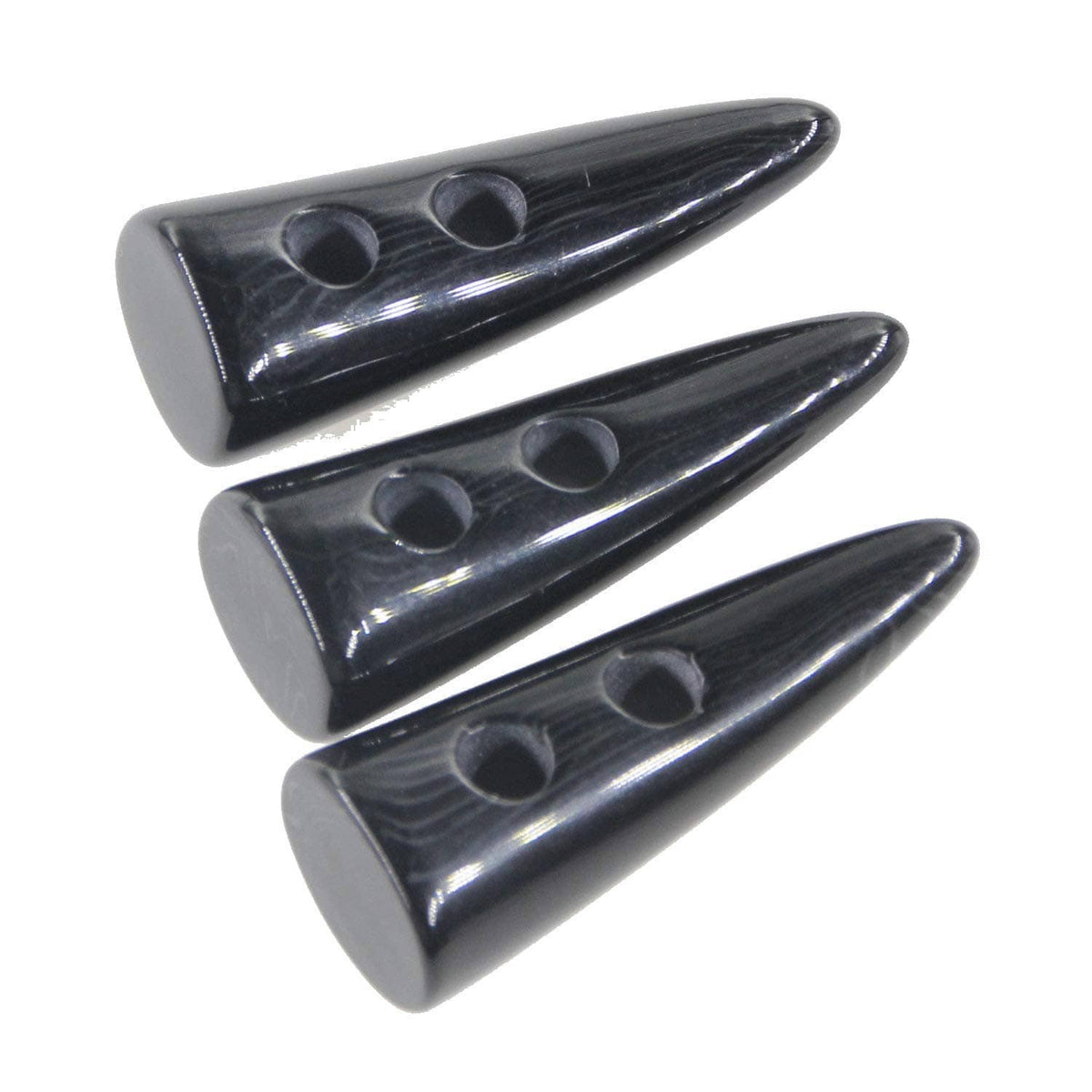 Black resin horn-shaped two-hole toggle buttons, three-piece view