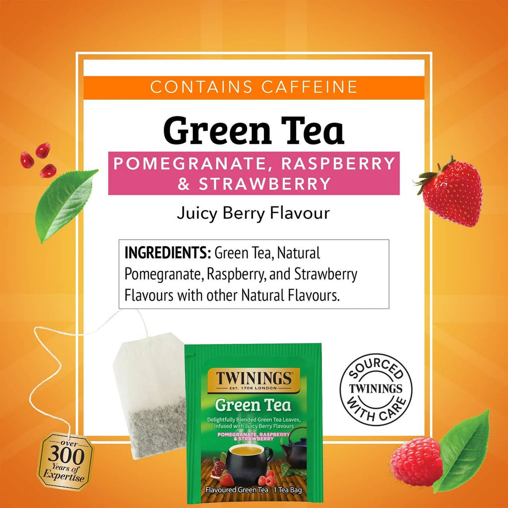 Green tea box panel: pomegranate, raspberry & strawberry, contains caffeine
