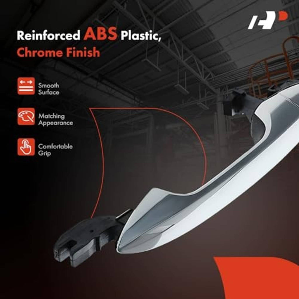 Chrome exterior door handle with smooth black underside on vehicle door edge.