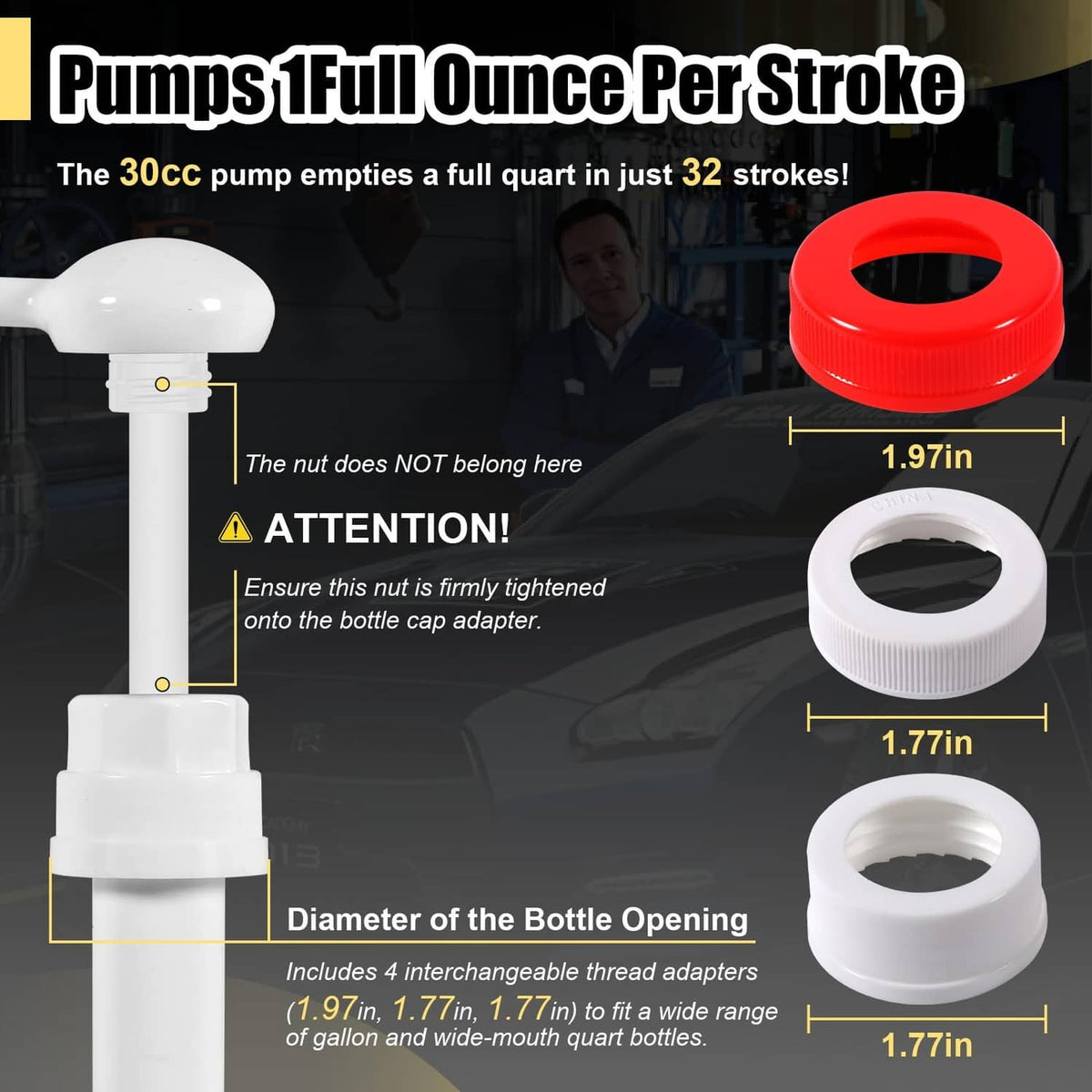 White pump with red top cap and two white threaded bottle adapter inserts
