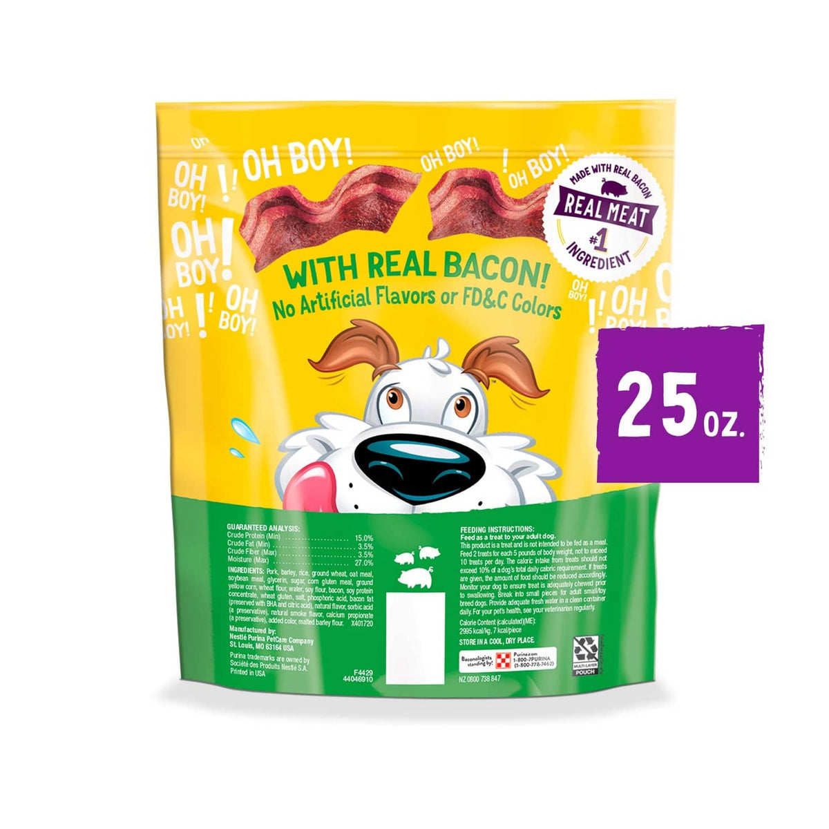 Dog treat pouch back, green ingredients panel and purple '25 oz' size label