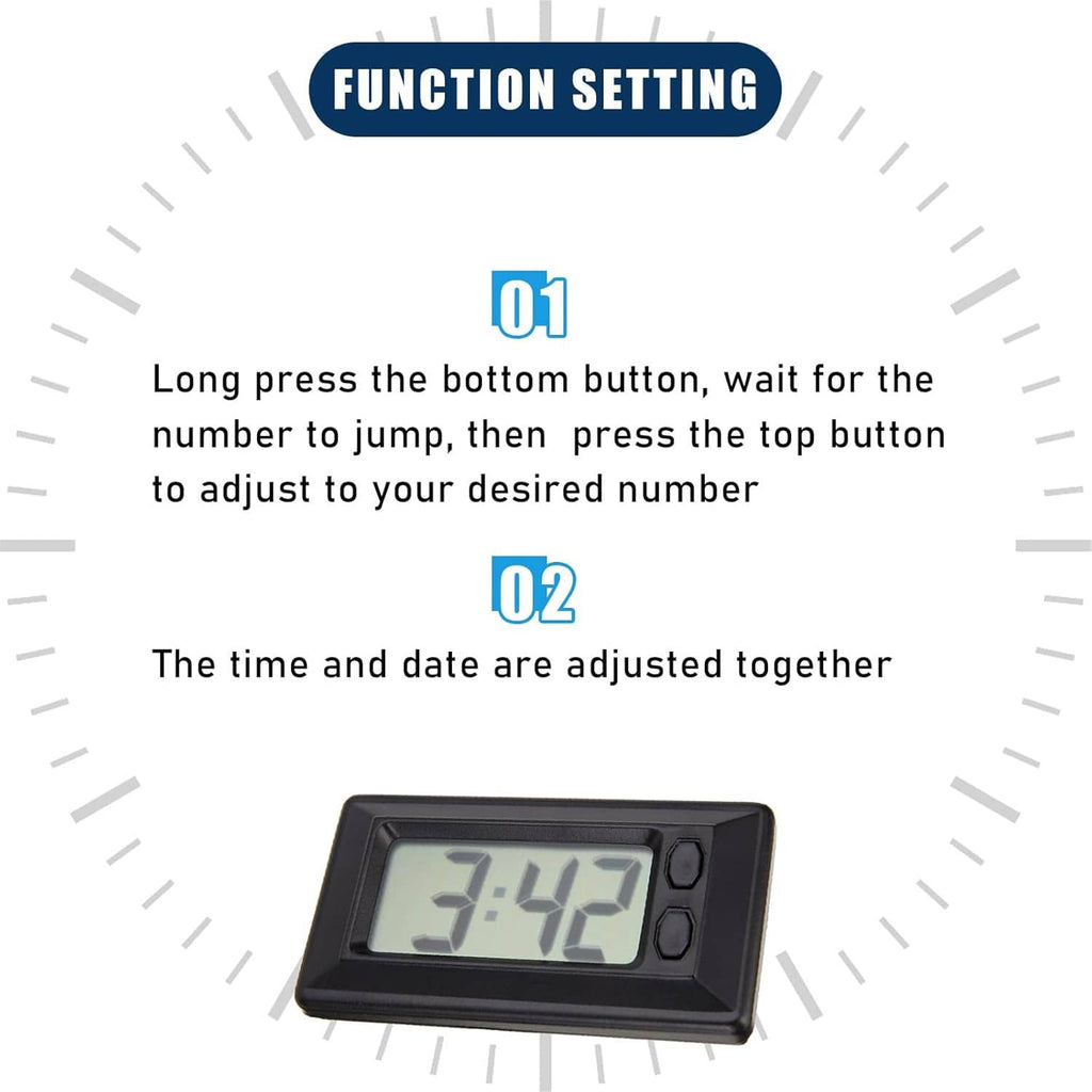 Mini portable digital clock with LCD time 3:42 and instruction graphic for setting