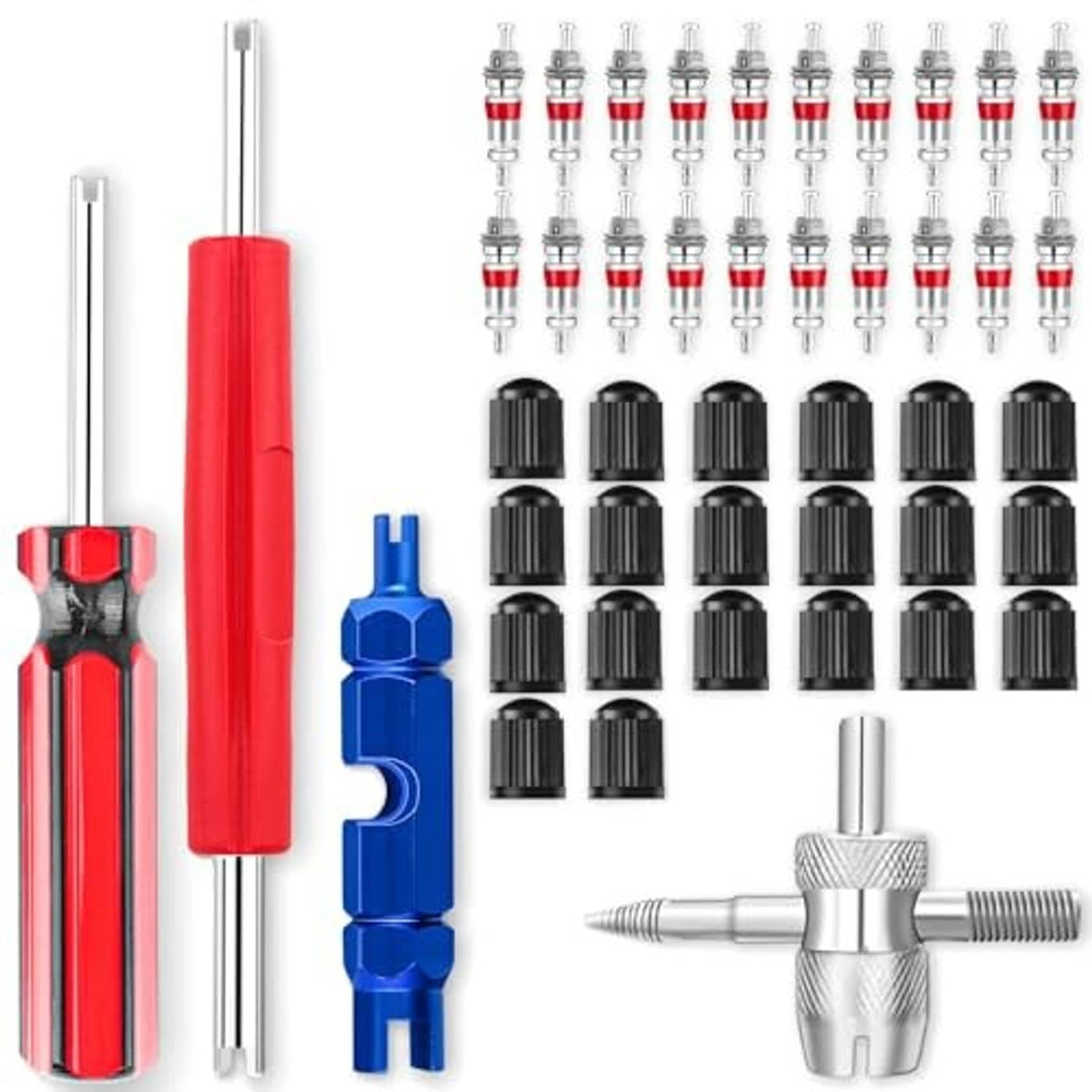 Valve core tool kit with red and blue handles, silver tool head, and multiple valve cores