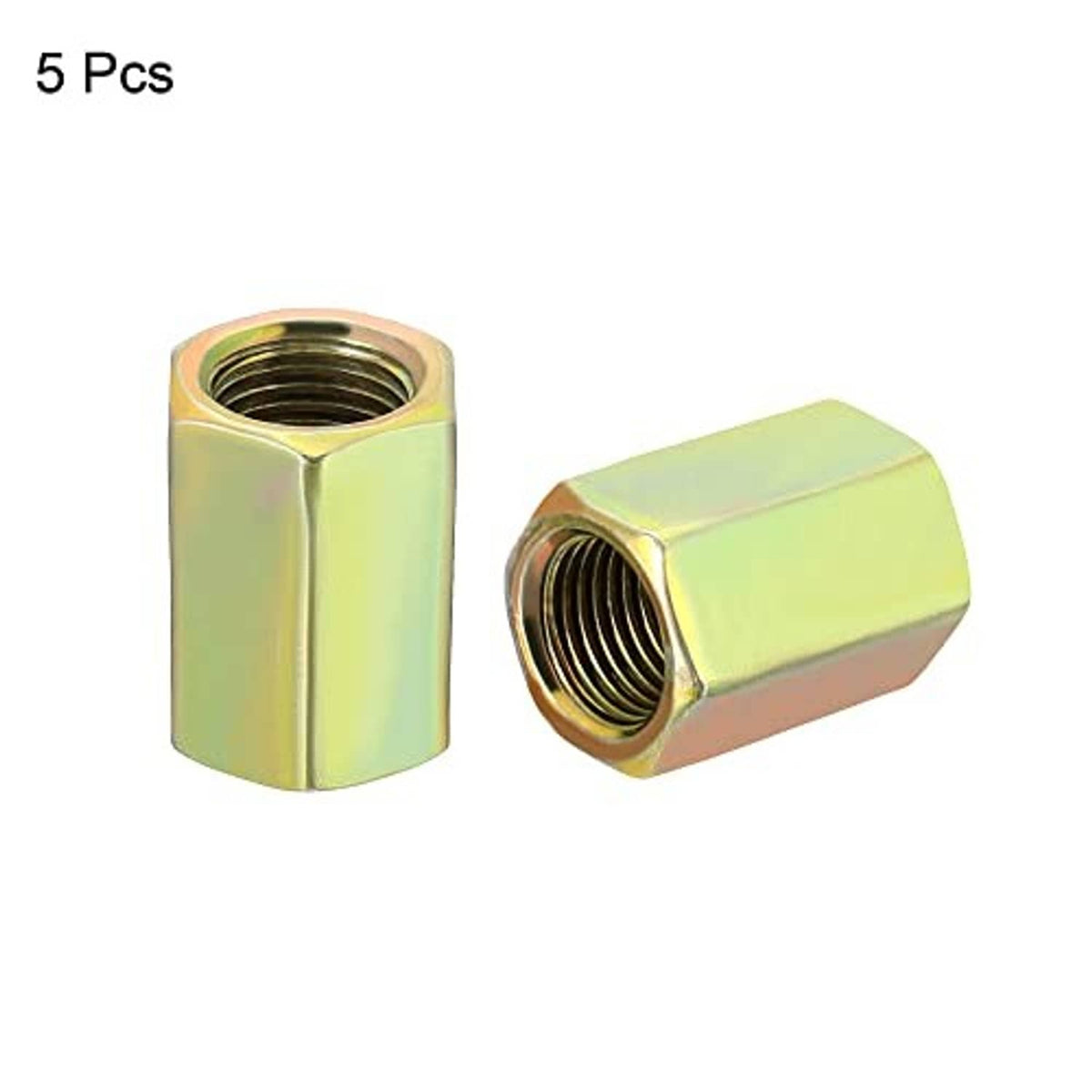 Pair of M10 fine-thread hex coupling nuts, gold zinc-plated with internal threads
