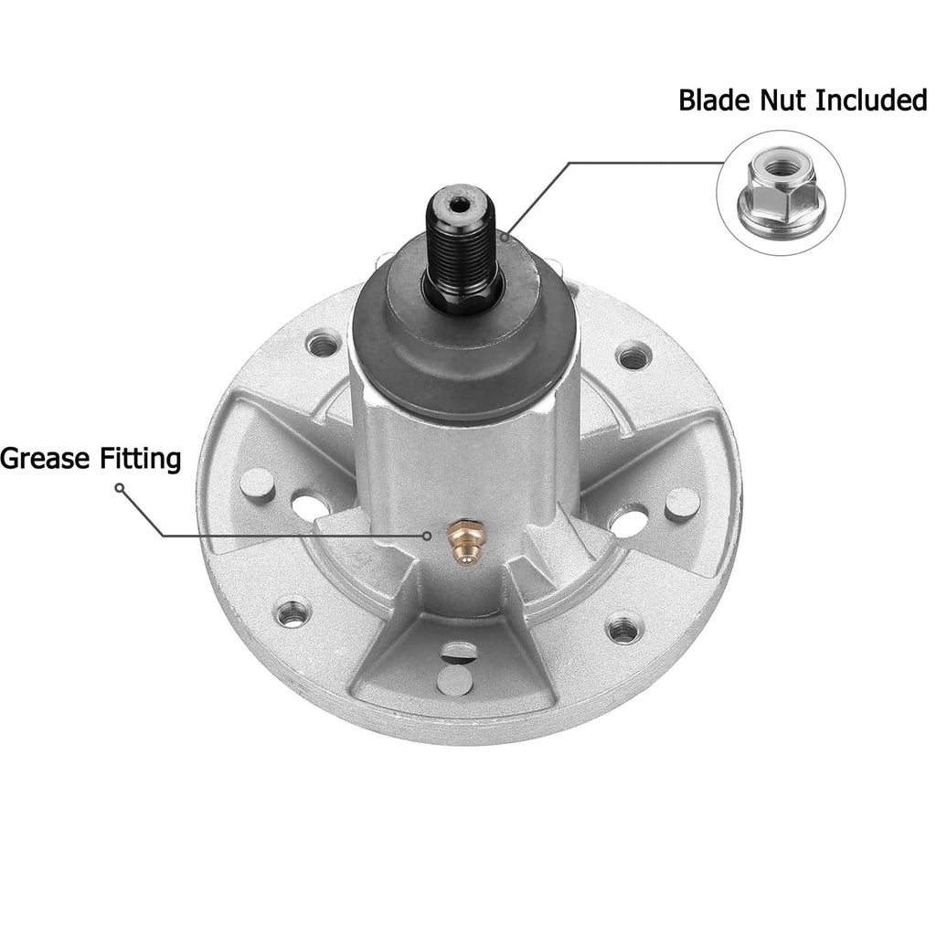 Round lawn mower spindle with grease fitting and included blade nut