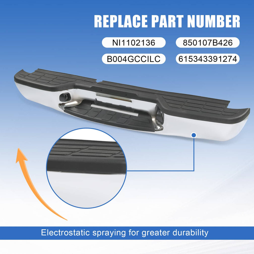 Rear step bumper assembly with black textured step pad and replacement part number labels