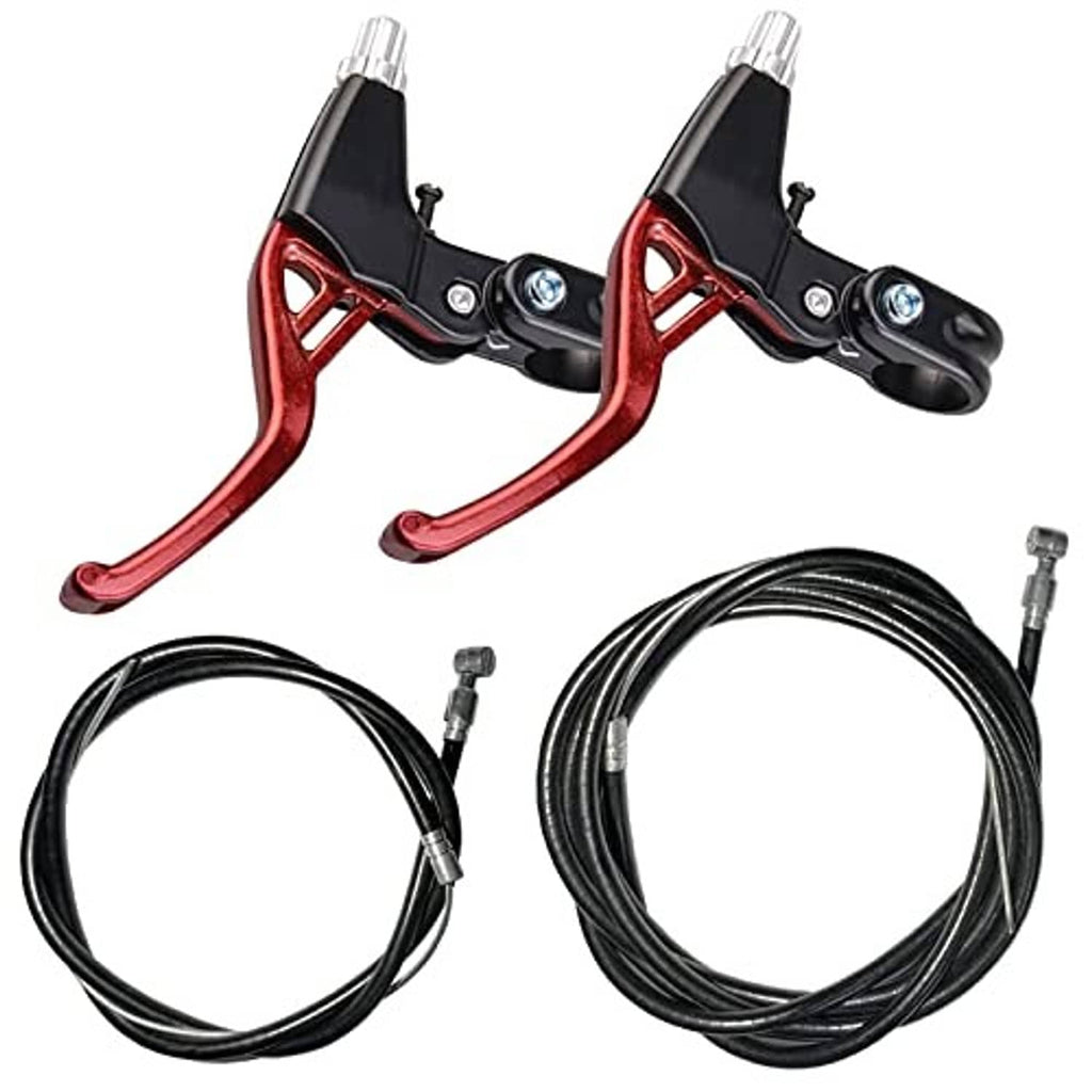 Pair of bicycle rim brake calipers in red and black with two black brake cables