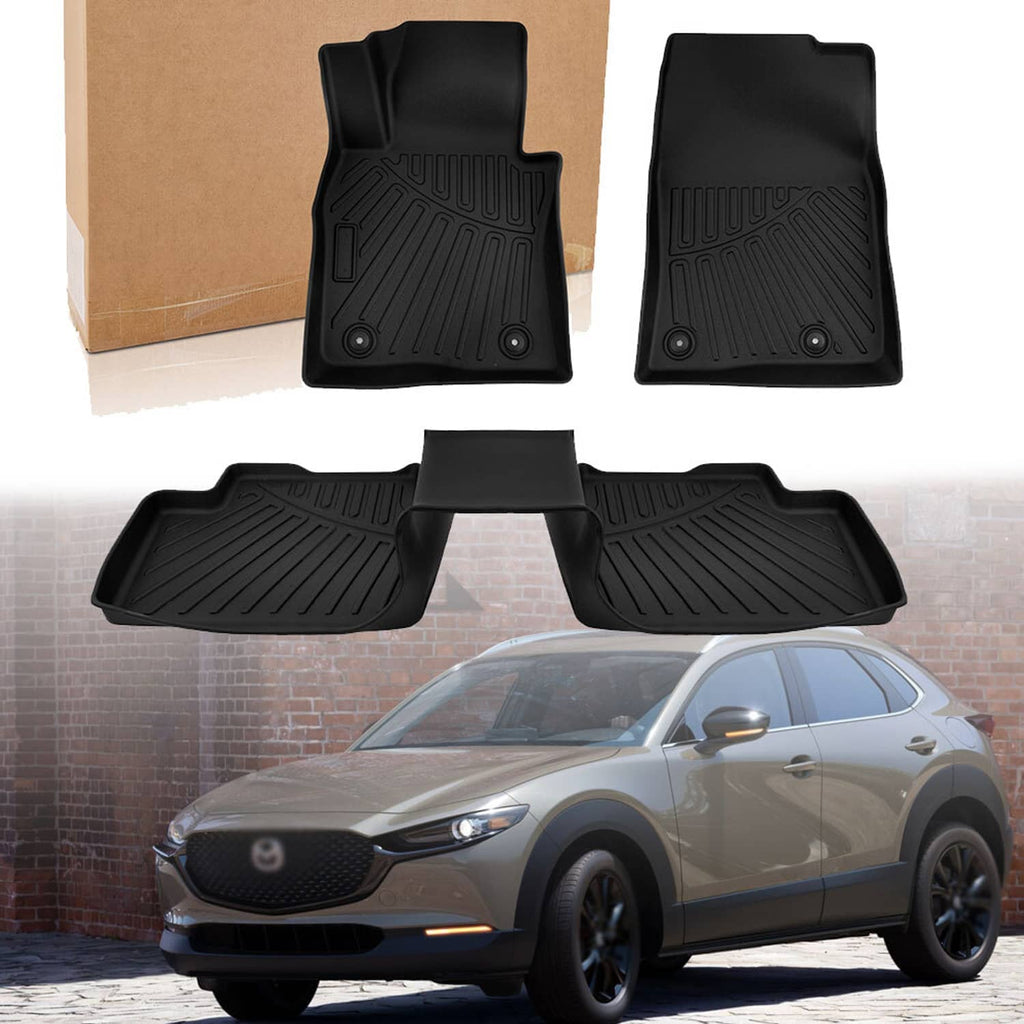 Black TPE 3-piece 3D floor mat liners with textured tread and retention knobs