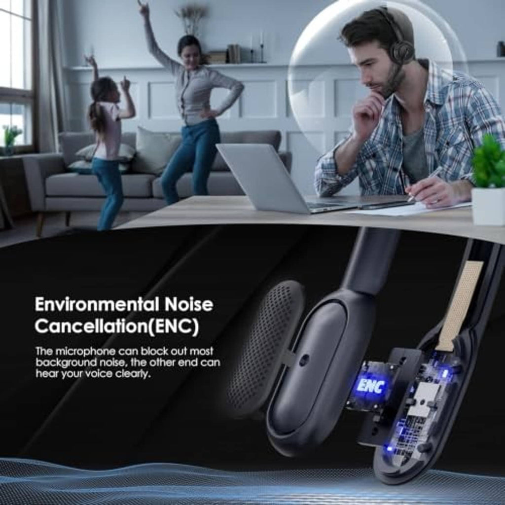 Black wireless over-ear headset with boom mic worn while working on a laptop