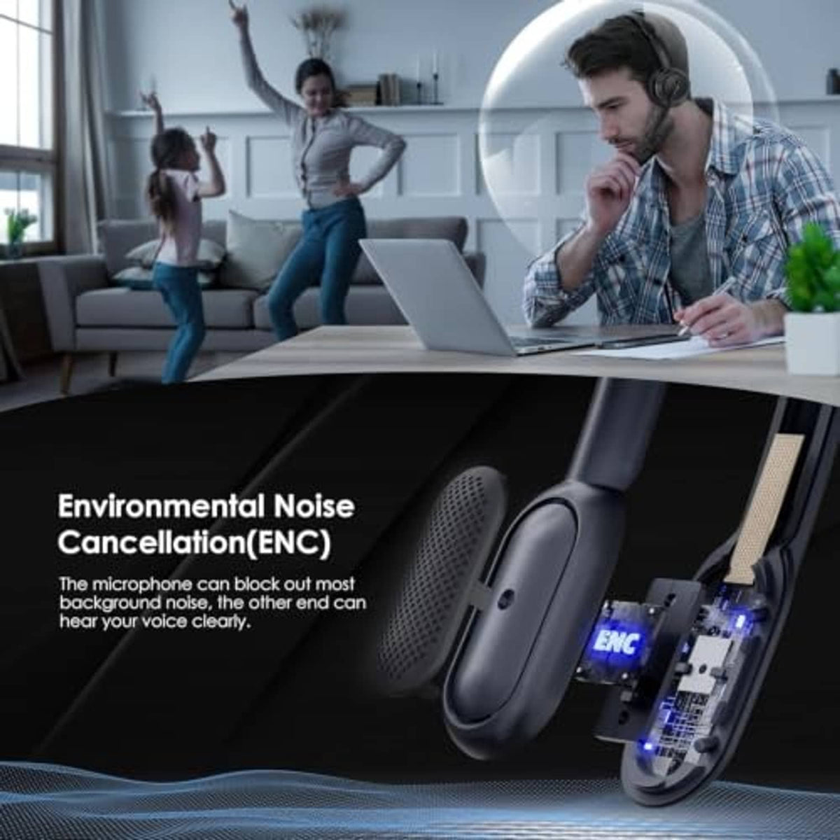 Black wireless over-ear headset with boom mic worn while working on a laptop