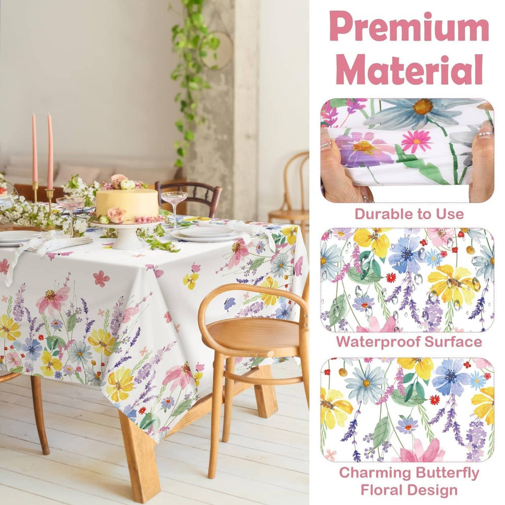 Spring floral tablecloth draped on dining table, white with colorful butterfly and flower print