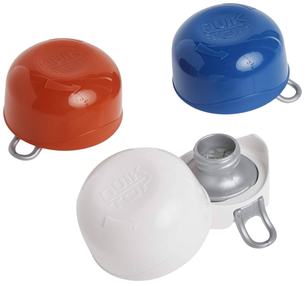 QuikTop can cap set in orange, blue, and white with hinged loop handles